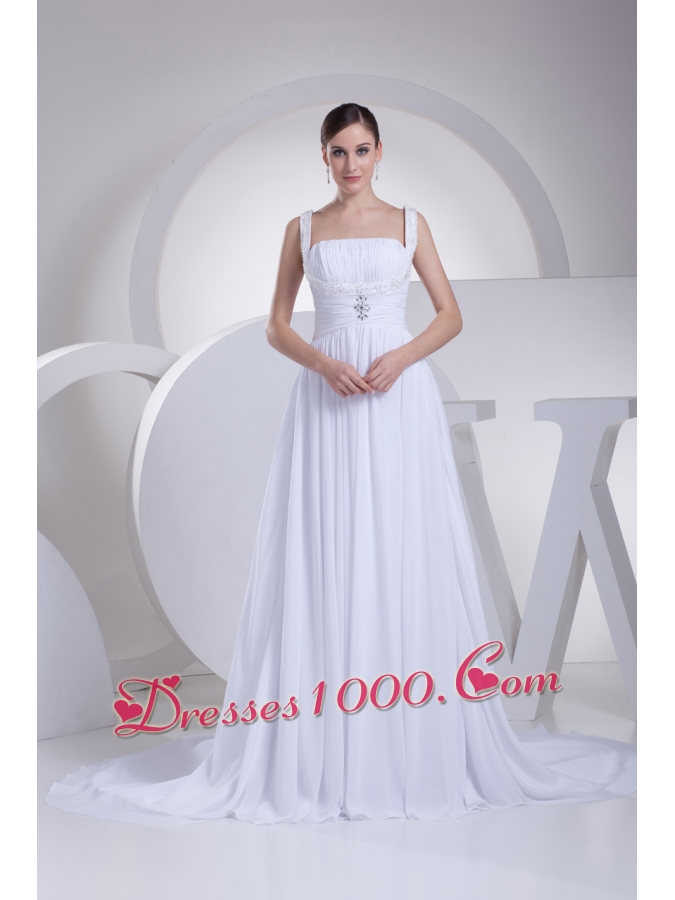 Straps Ruching Beading Court Train Empire Wedding Dress