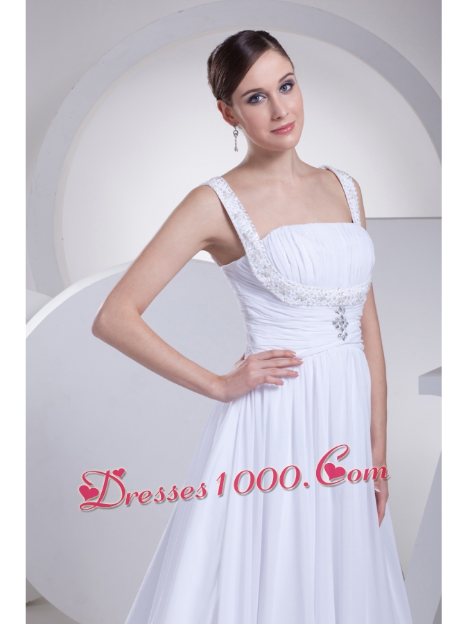 Straps Ruching Beading Court Train Empire Wedding Dress