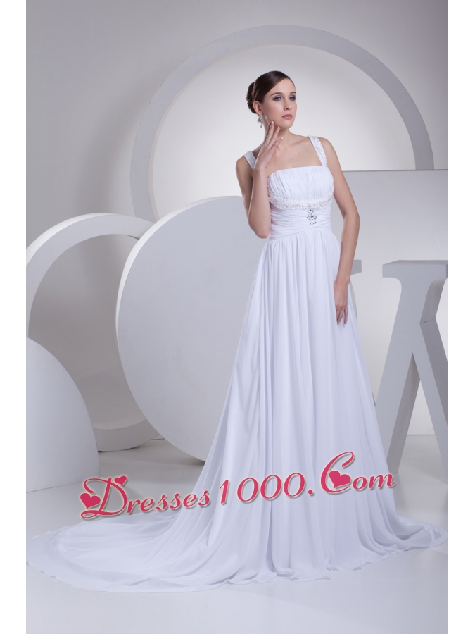 Straps Ruching Beading Court Train Empire Wedding Dress