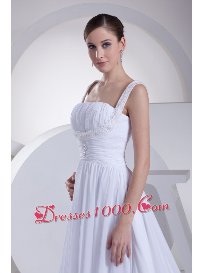 Straps Ruching Beading Court Train Empire Wedding Dress