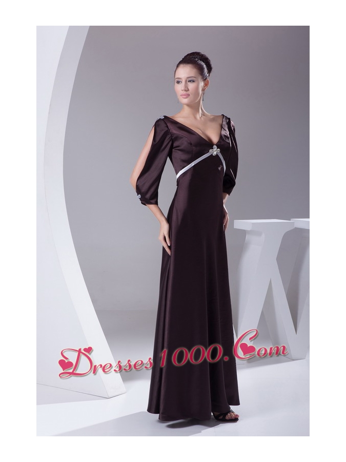 V-neck 3/4 Sleeves Beading Empire Long Mother of Bride Dresses