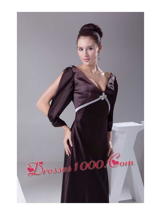 V-neck 3/4 Sleeves Beading Empire Long Mother of Bride Dresses