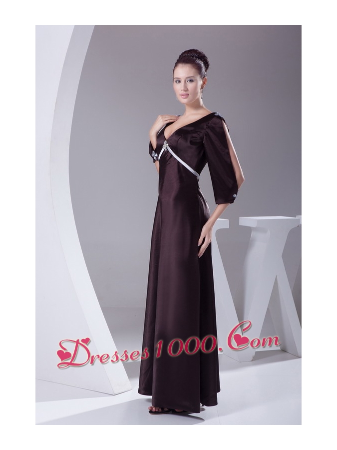 V-neck 3/4 Sleeves Beading Empire Long Mother of Bride Dresses