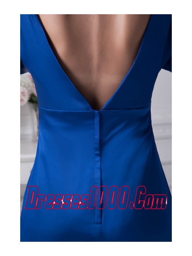 V-neck 3/4 Sleeves Blue Brush Train Mother Of The Bride Dress