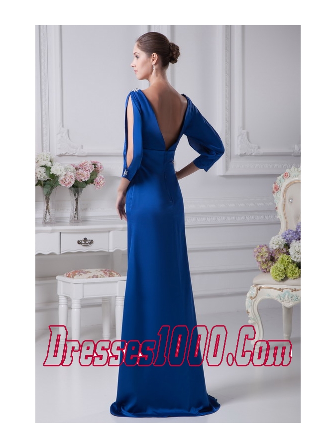 V-neck 3/4 Sleeves Blue Brush Train Mother Of The Bride Dress