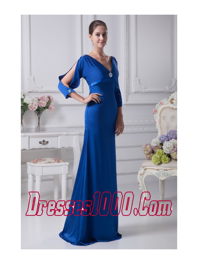 V-neck 3/4 Sleeves Blue Brush Train Mother Of The Bride Dress