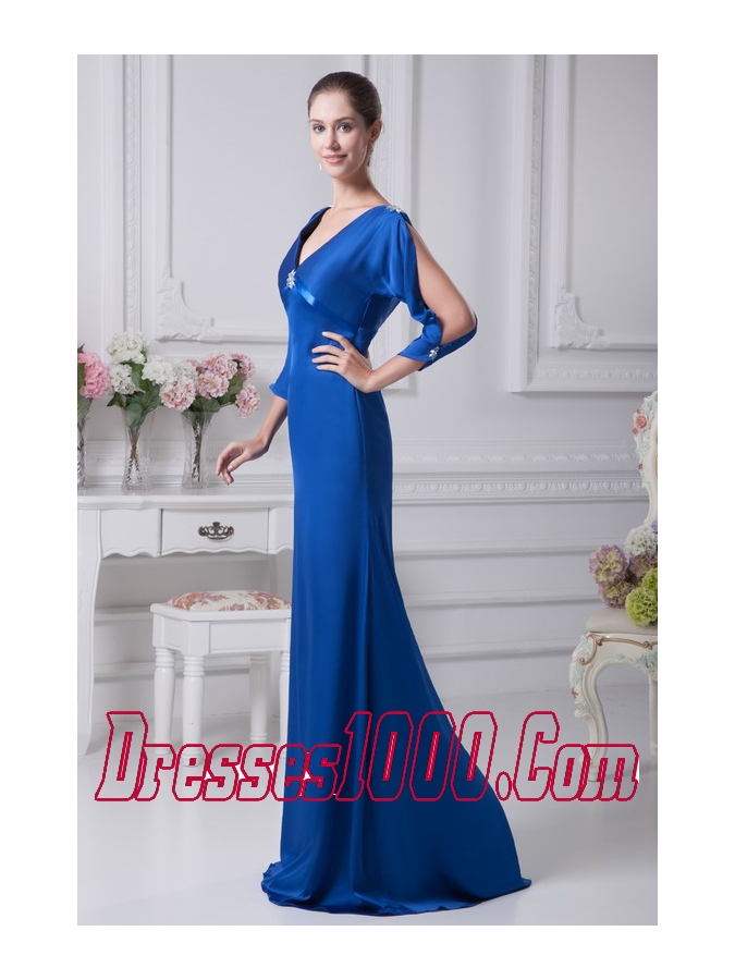 V-neck 3/4 Sleeves Blue Brush Train Mother Of The Bride Dress