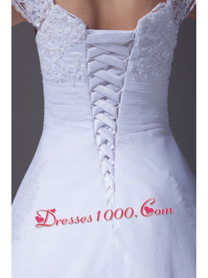 V-neck Caps Sleeves Lace Court Train A-line Wedding Dress