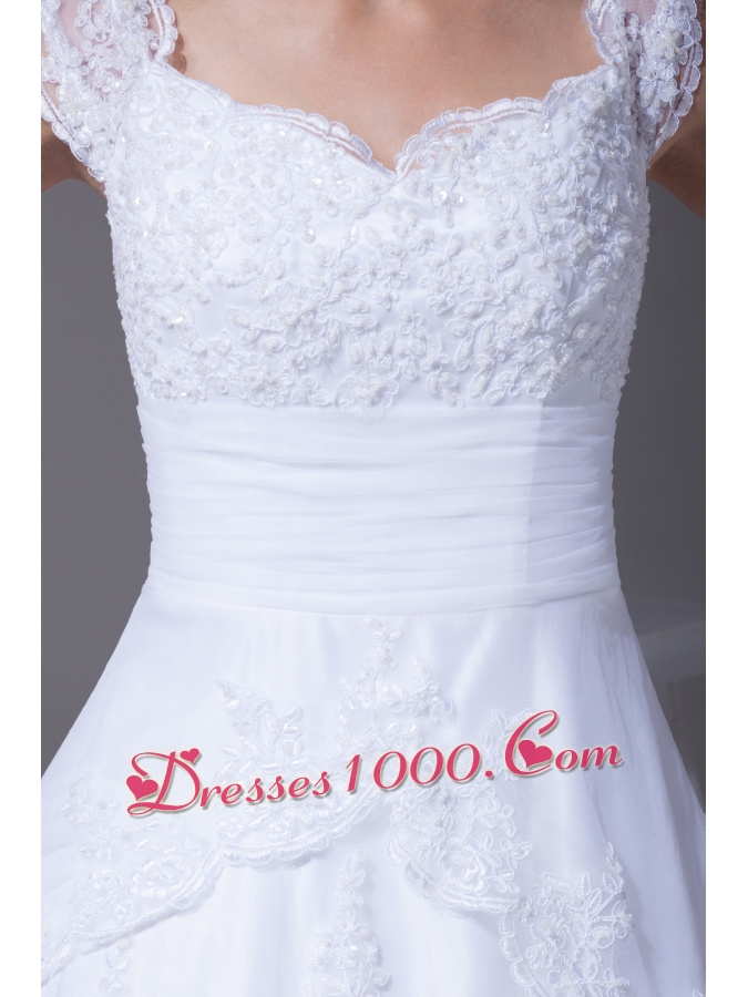V-neck Caps Sleeves Lace Court Train A-line Wedding Dress