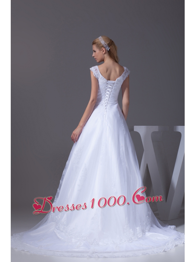 V-neck Caps Sleeves Lace Court Train A-line Wedding Dress