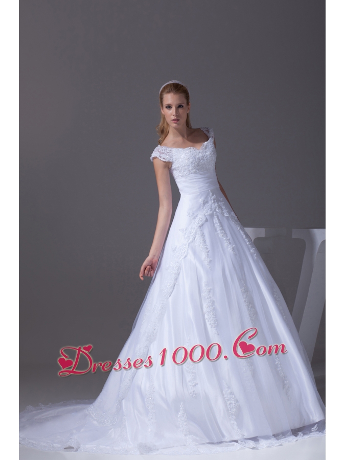 V-neck Caps Sleeves Lace Court Train A-line Wedding Dress