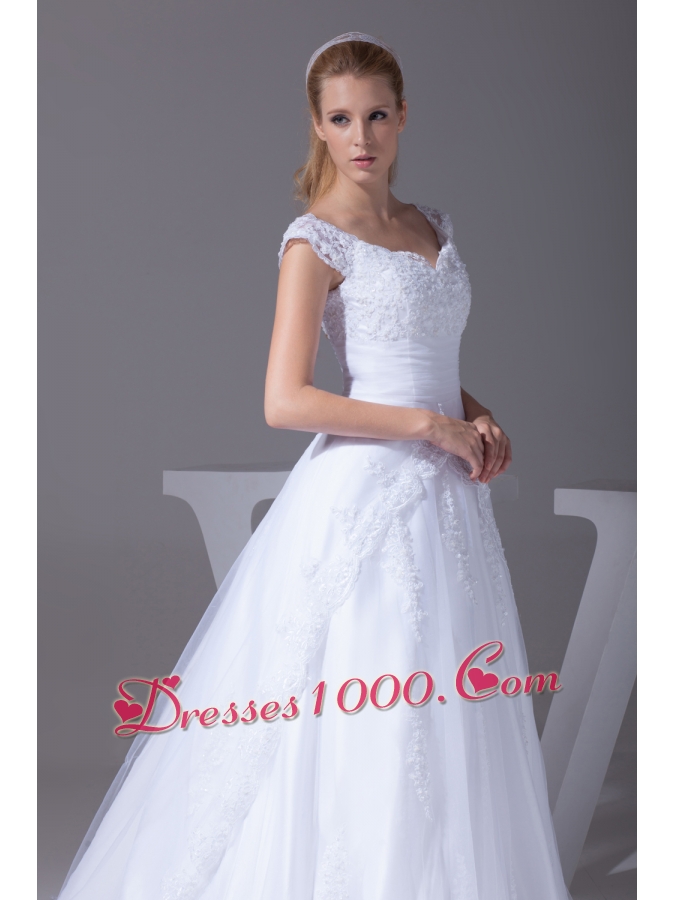 V-neck Caps Sleeves Lace Court Train A-line Wedding Dress