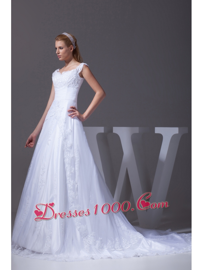 V-neck Caps Sleeves Lace Court Train A-line Wedding Dress