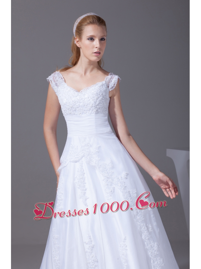 V-neck Caps Sleeves Lace Court Train A-line Wedding Dress