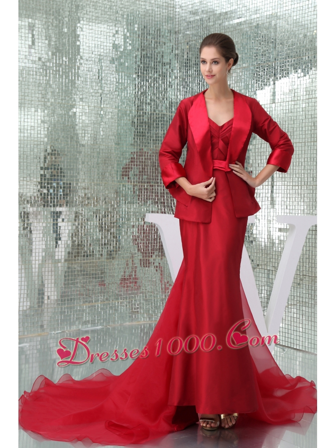 Wine Red V-neck Watteau Train Mother Of The Bride Dress