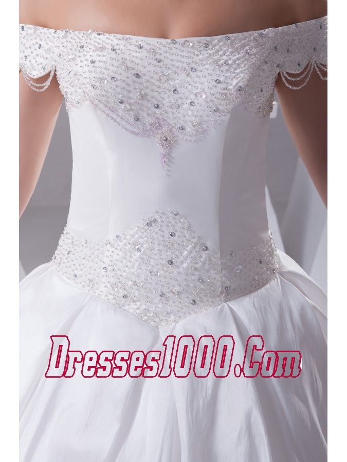 A-Line Beading Off The Shoulder Court Train 2013 Wedding Dress