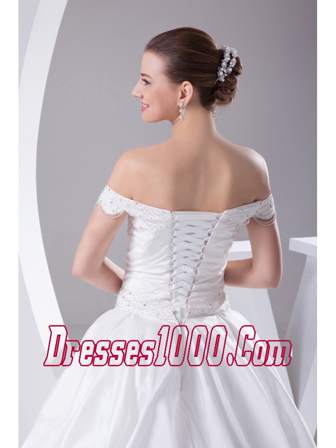A-Line Beading Off The Shoulder Court Train 2013 Wedding Dress