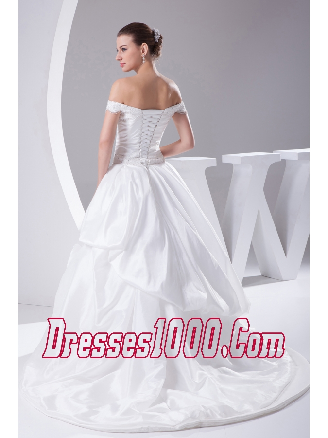 A-Line Beading Off The Shoulder Court Train 2013 Wedding Dress