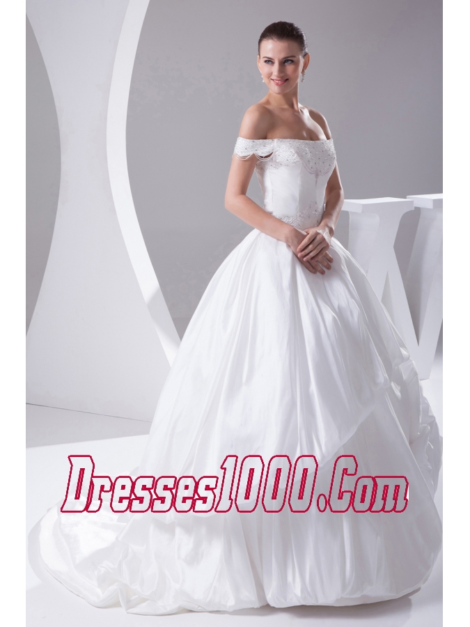 A-Line Beading Off The Shoulder Court Train 2013 Wedding Dress