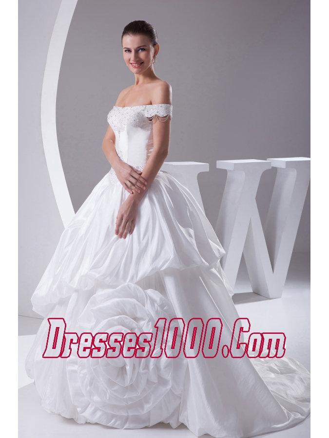 A-Line Beading Off The Shoulder Court Train 2013 Wedding Dress