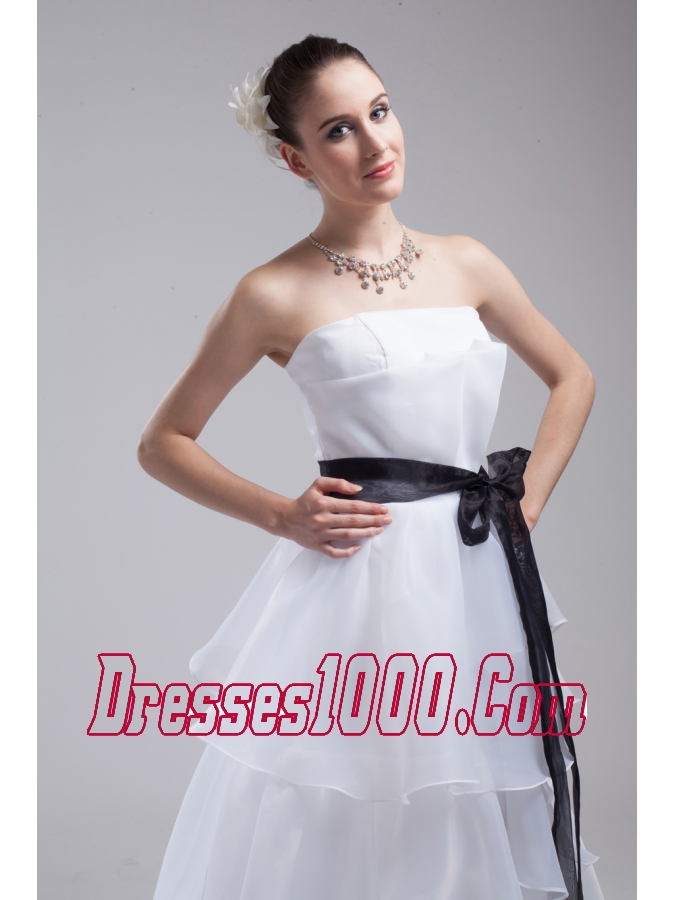 A-Line Sash Strapless Court Train Cheap Wedding Dress
