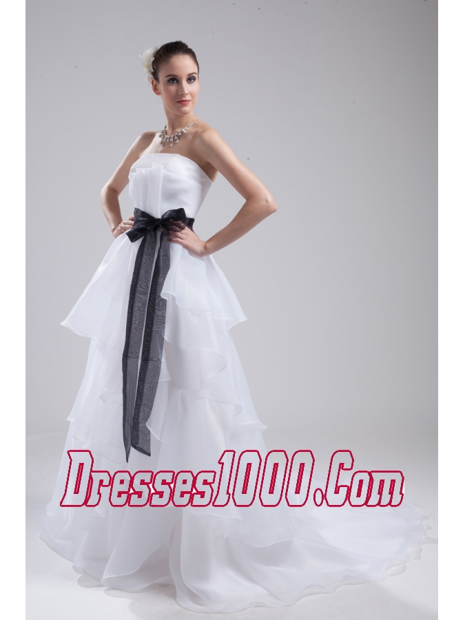 A-Line Sash Strapless Court Train Cheap Wedding Dress
