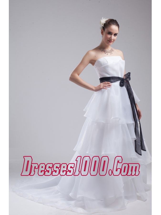 A-Line Sash Strapless Court Train Cheap Wedding Dress