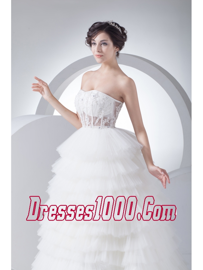 A-Line Strapless Court Train Ruffles Layered 2013 Wedding Dress