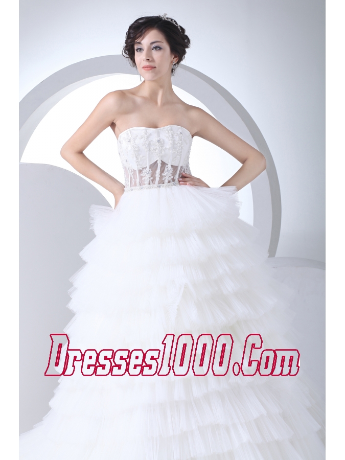 A-Line Strapless Court Train Ruffles Layered 2013 Wedding Dress