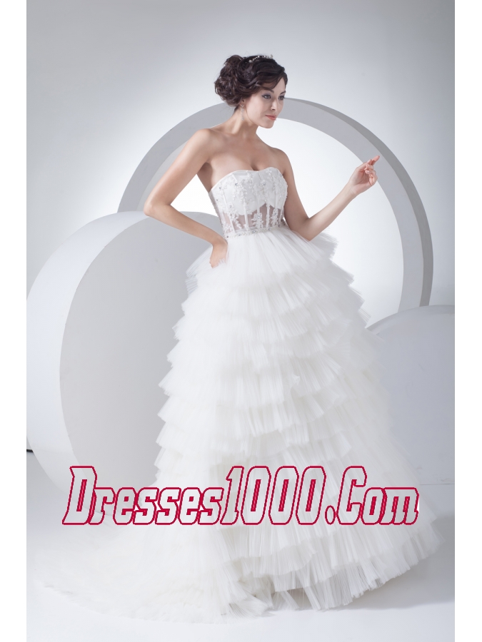 A-Line Strapless Court Train Ruffles Layered 2013 Wedding Dress