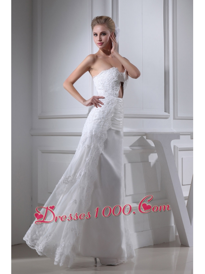 A-line Sweetheart Lace Ruching Long Wedding Dress