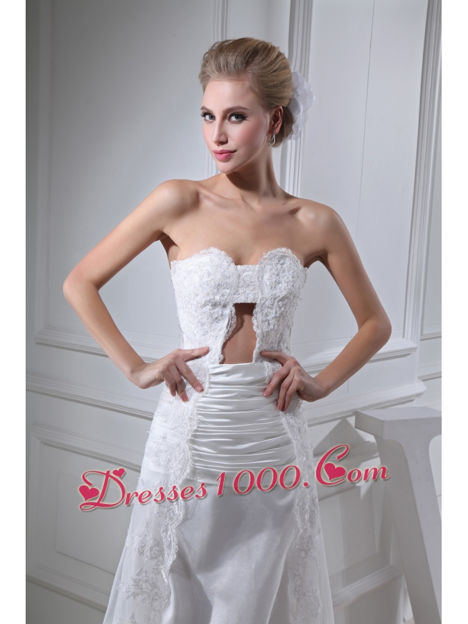 A-line Sweetheart Lace Ruching Long Wedding Dress