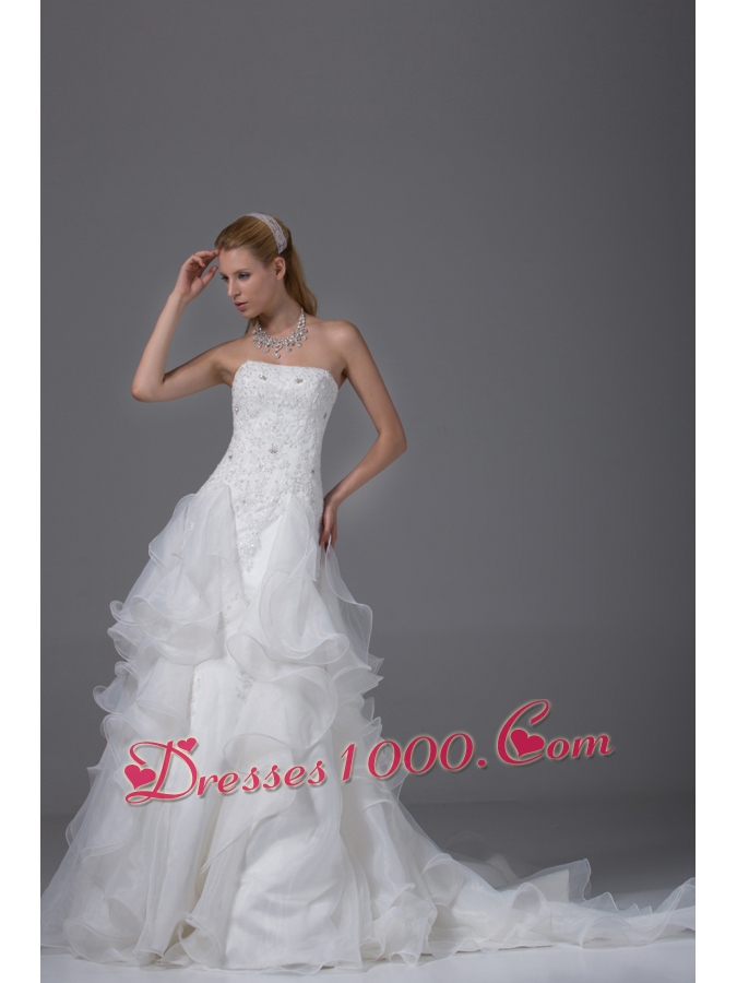 Appliques With Beading Strapless Ruffles Wedding Dress