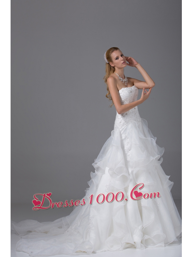 Appliques With Beading Strapless Ruffles Wedding Dress