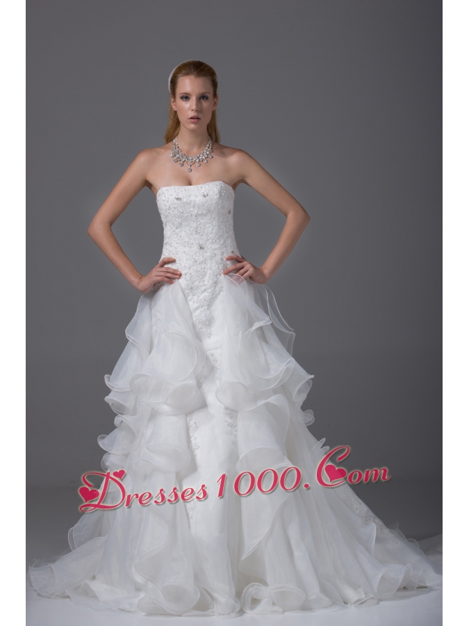 Appliques With Beading Strapless Ruffles Wedding Dress
