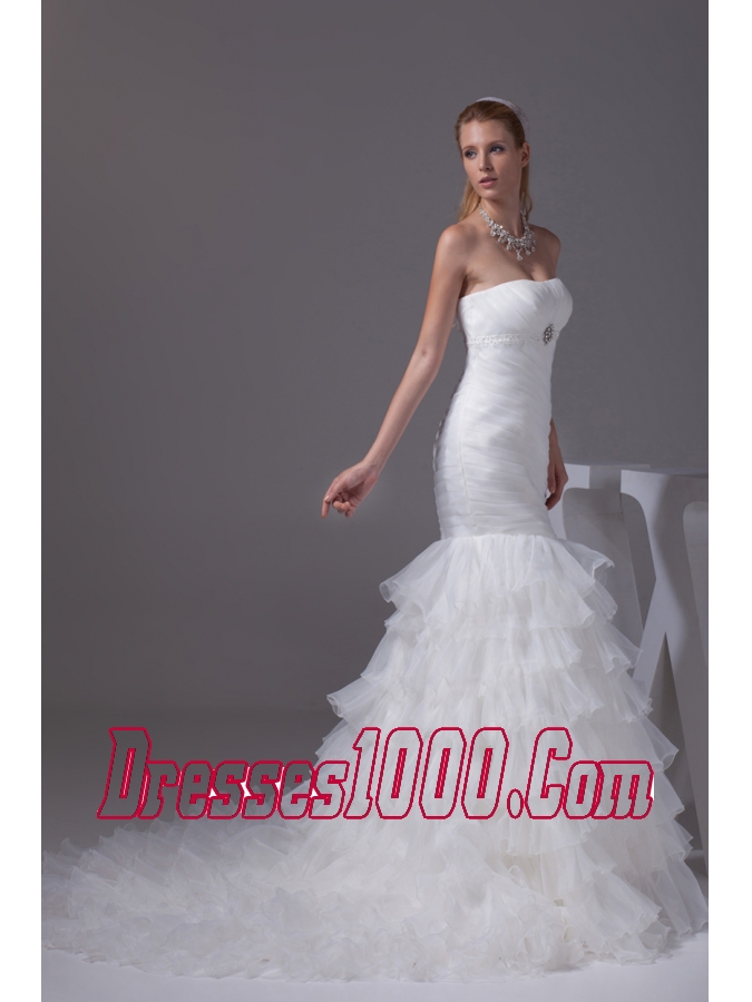 Beading Ruffled Layers Mermaid Strapless Wedding Dress