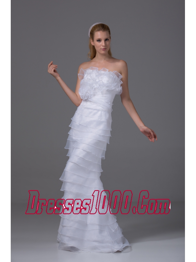 Column Strapless Ruffled Layers Organza Wedding Dress