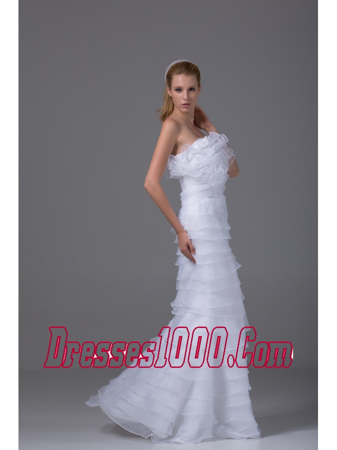 Column Strapless Ruffled Layers Organza Wedding Dress