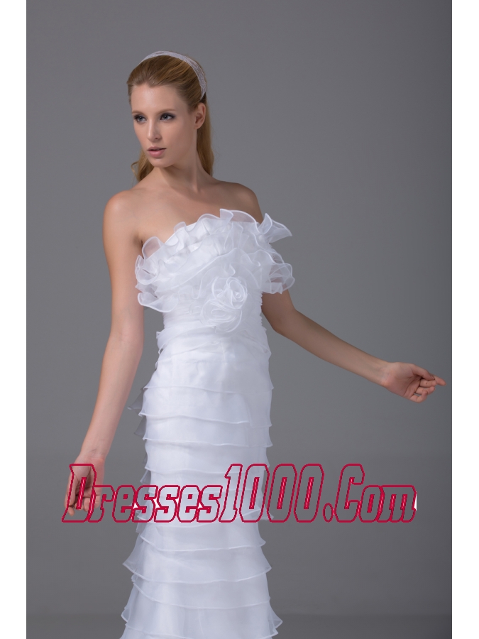 Column Strapless Ruffled Layers Organza Wedding Dress