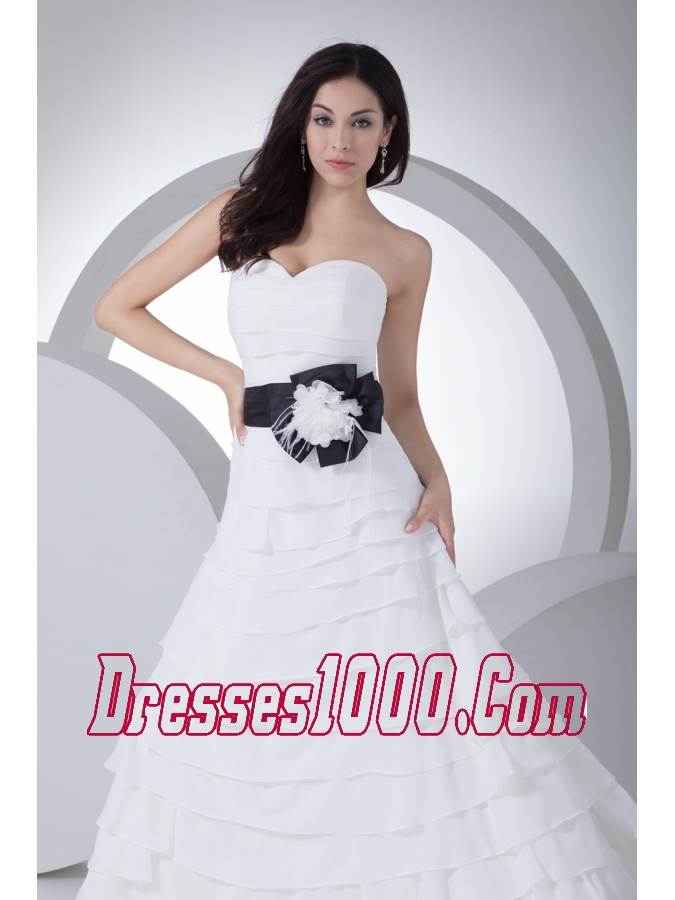 Column Sweetheart Sash Ruffles Layers Wedding Dress