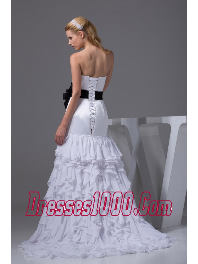 Column Sweetheart Sash Ruffles Wedding Dress