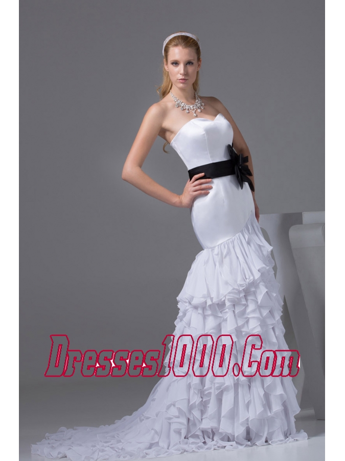 Column Sweetheart Sash Ruffles Wedding Dress