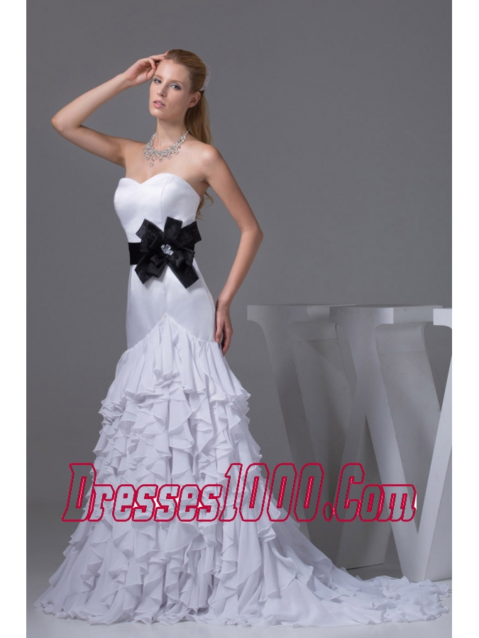 Column Sweetheart Sash Ruffles Wedding Dress