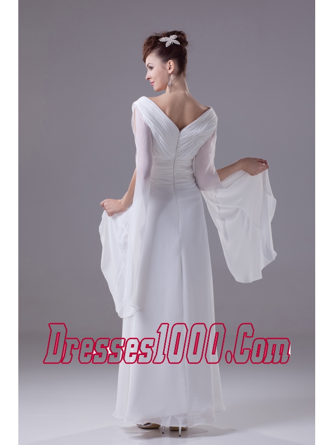 Column V-neck Hand Made Flower Ruching Wedding Dress