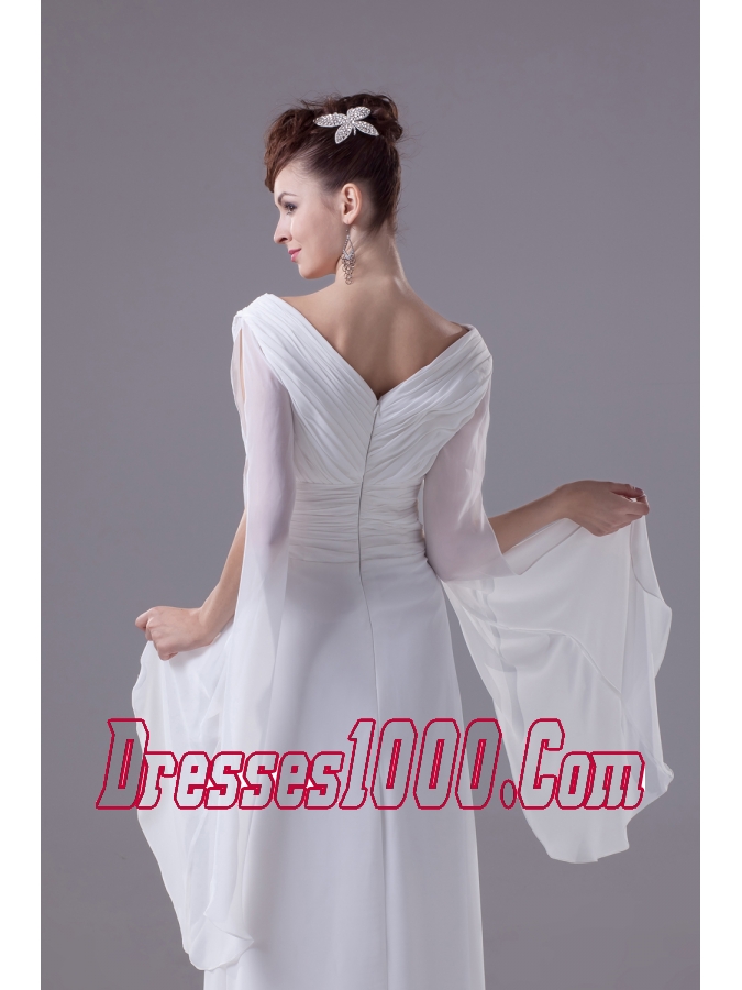 Column V-neck Hand Made Flower Ruching Wedding Dress