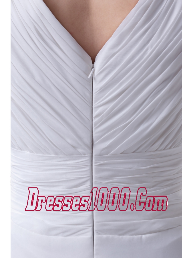 Column V-neck Hand Made Flower Ruching Wedding Dress