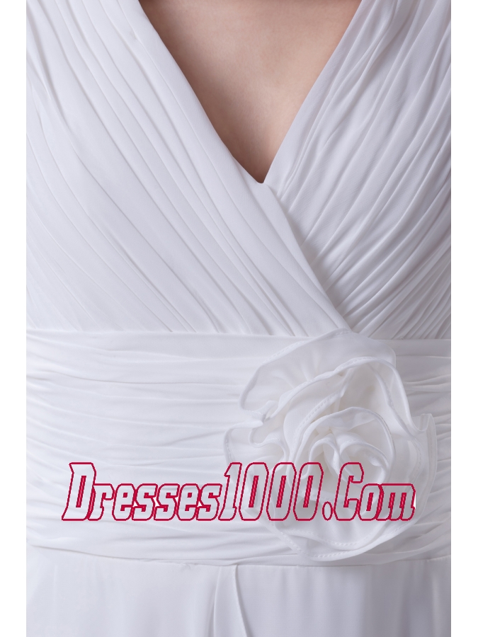 Column V-neck Hand Made Flower Ruching Wedding Dress