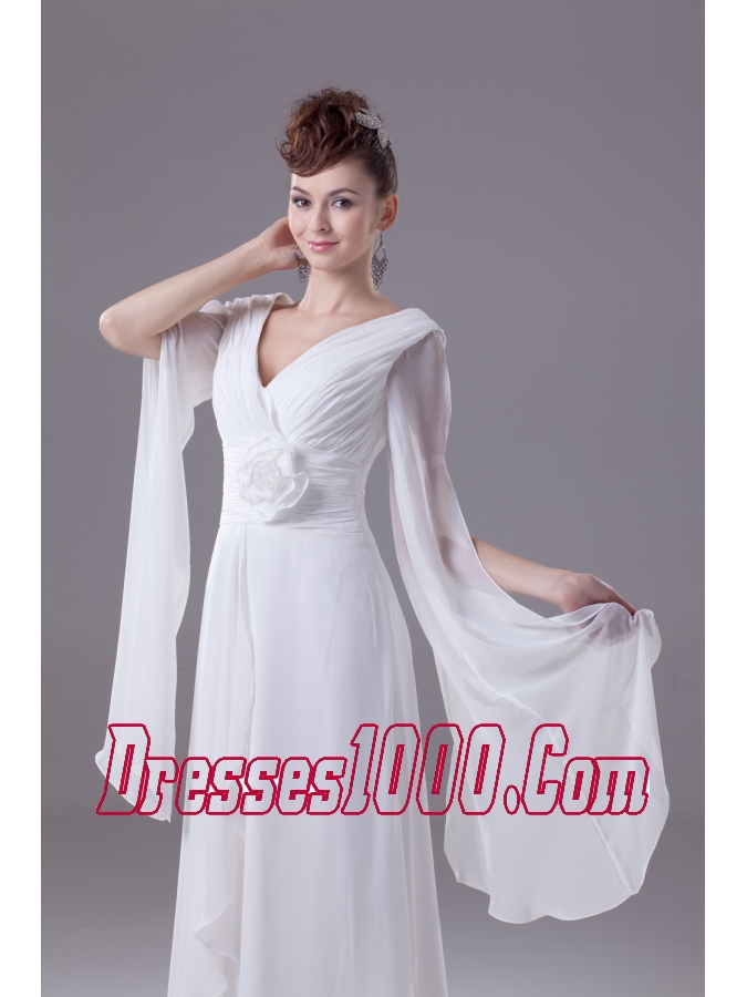 Column V-neck Hand Made Flower Ruching Wedding Dress