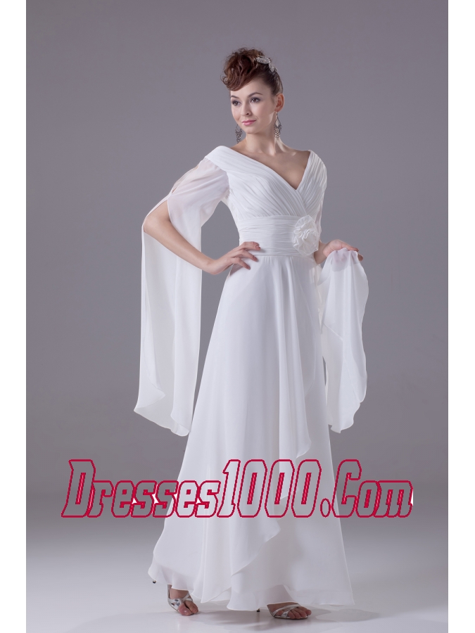 Column V-neck Hand Made Flower Ruching Wedding Dress