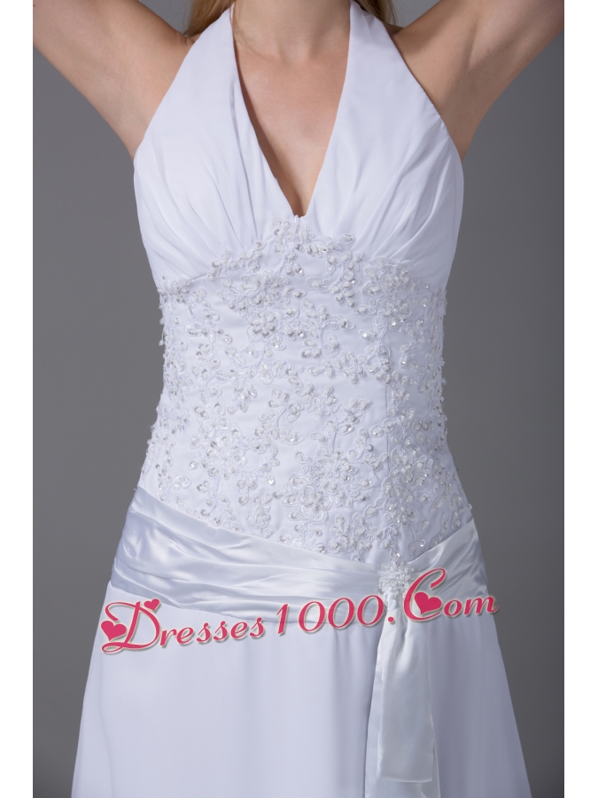 Halter Top Column Chiffon Appliques And Ruch Wedding Dress